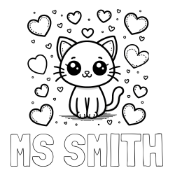 Online Created Coloring Page - MS SMITH Coloring Page and Free Coloring Page of a Cat and Hearts