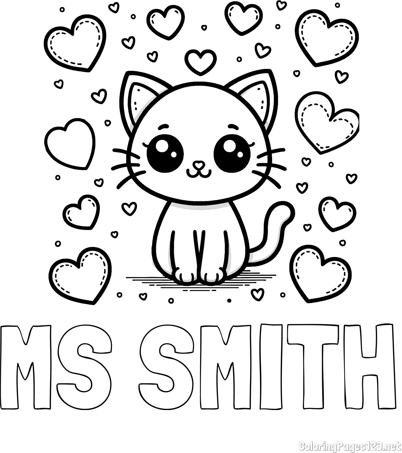 MS SMITH Coloring Page and Free Coloring Page of a Cat and Hearts