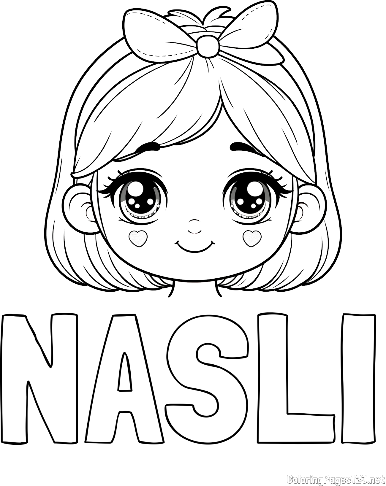 NASLI Coloring Page and Cute Girl Face with Bow in Hair Coloring Page