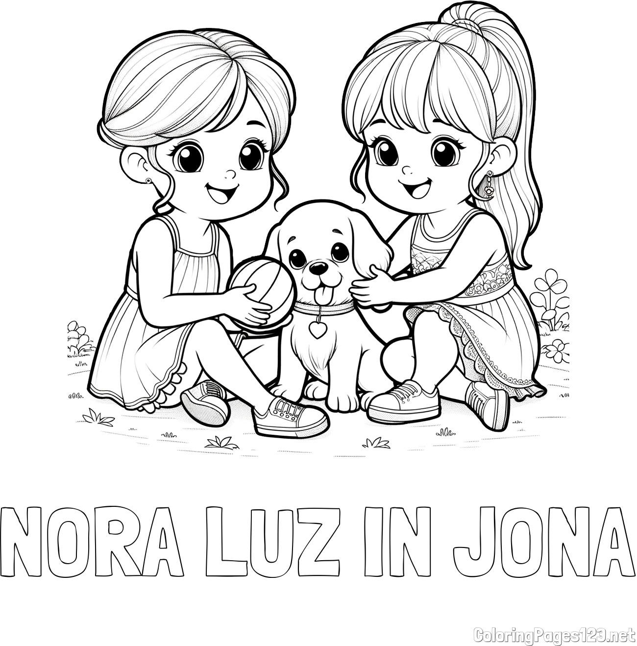 NORA LUZ IN JONA Coloring Page and Coloring Page of Two Girls with a Dog