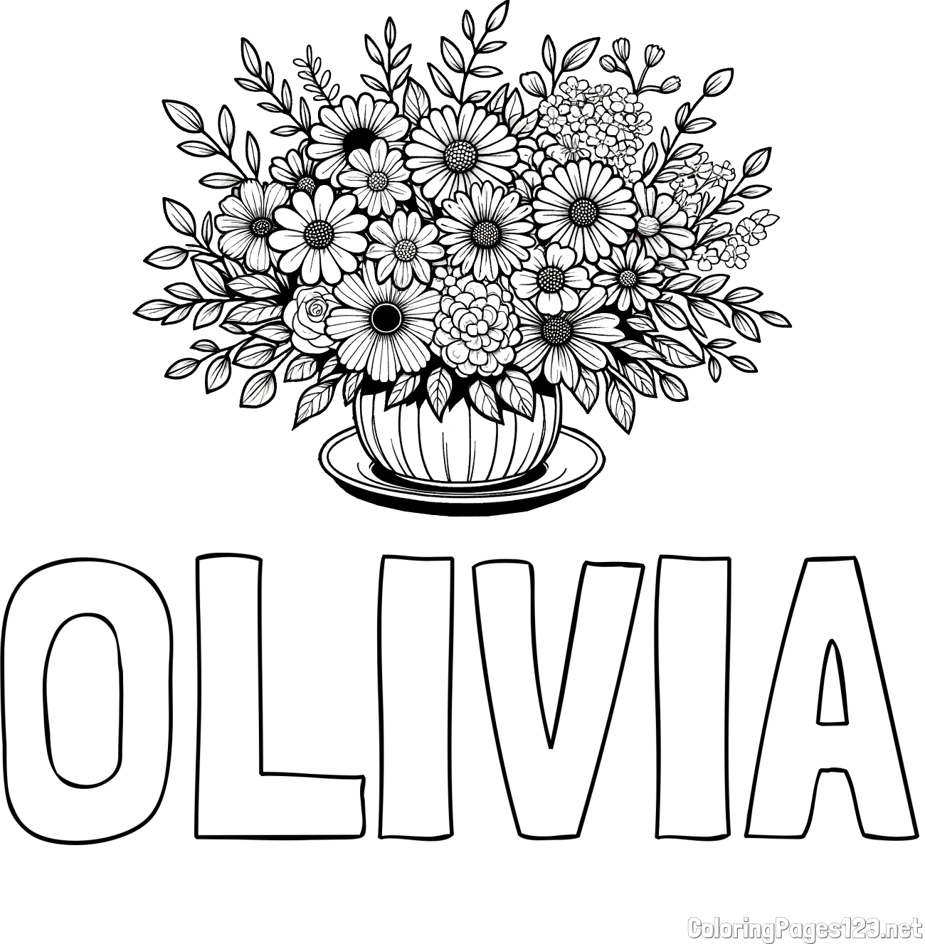 OLIVIA Coloring Page and Beautiful Bouquet of Flowers Coloring Page