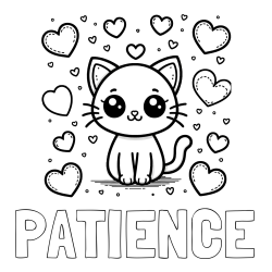 Online Created Coloring Page - PATIENCE Coloring Page and Free Coloring Page of a Cat and Hearts