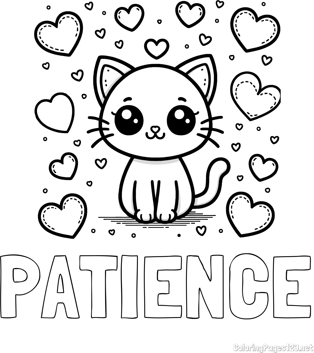 PATIENCE Coloring Page and Free Coloring Page of a Cat and Hearts