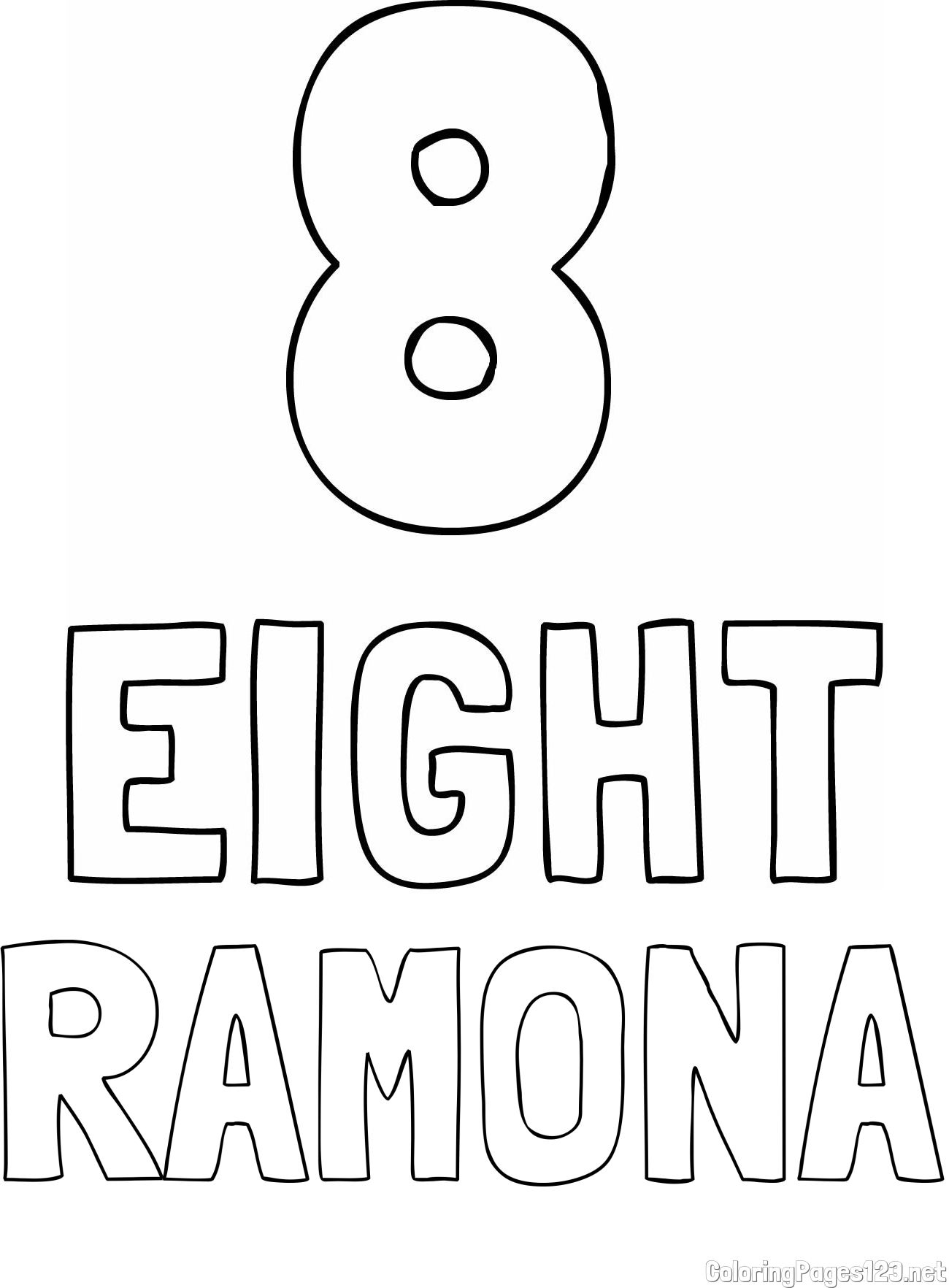 RAMONA Coloring Page and Coloring of the Number Eight (8) with the Written Name