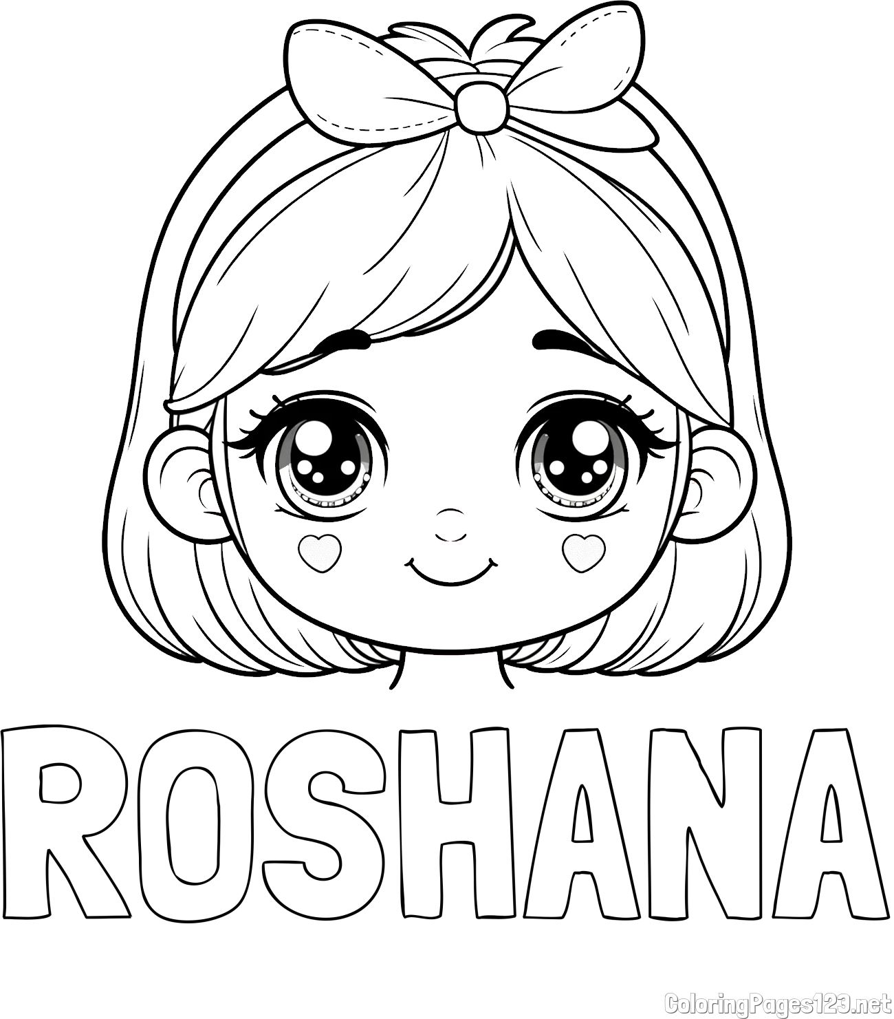 ROSHANA Coloring Page and Cute Girl Face with Bow in Hair Coloring Page