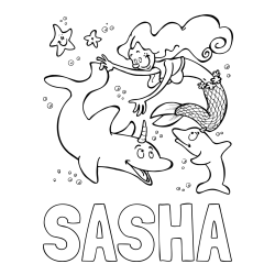 Online Created Coloring Page - SASHA Coloring Page and Coloring Page of a Mermaid Playing with Dolphins