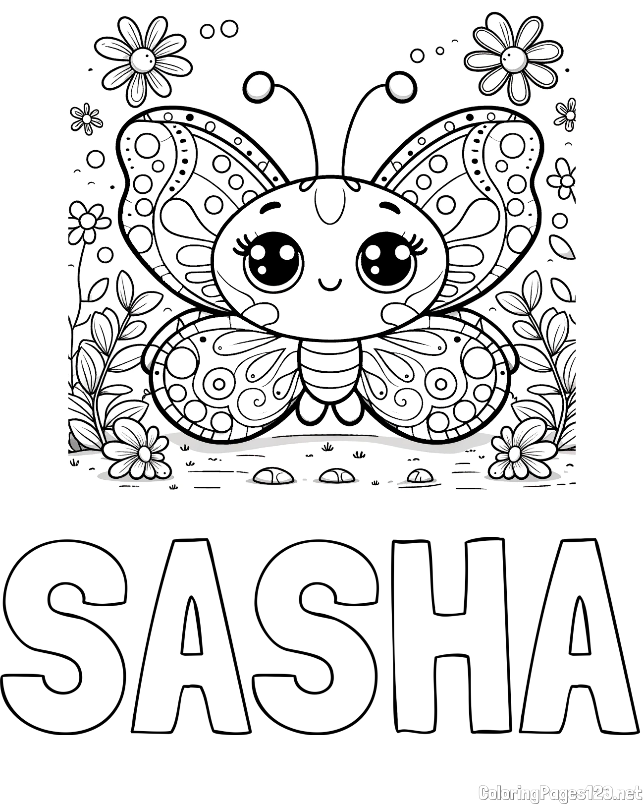 SASHA Coloring Page and Cute Butterfly Coloring Page