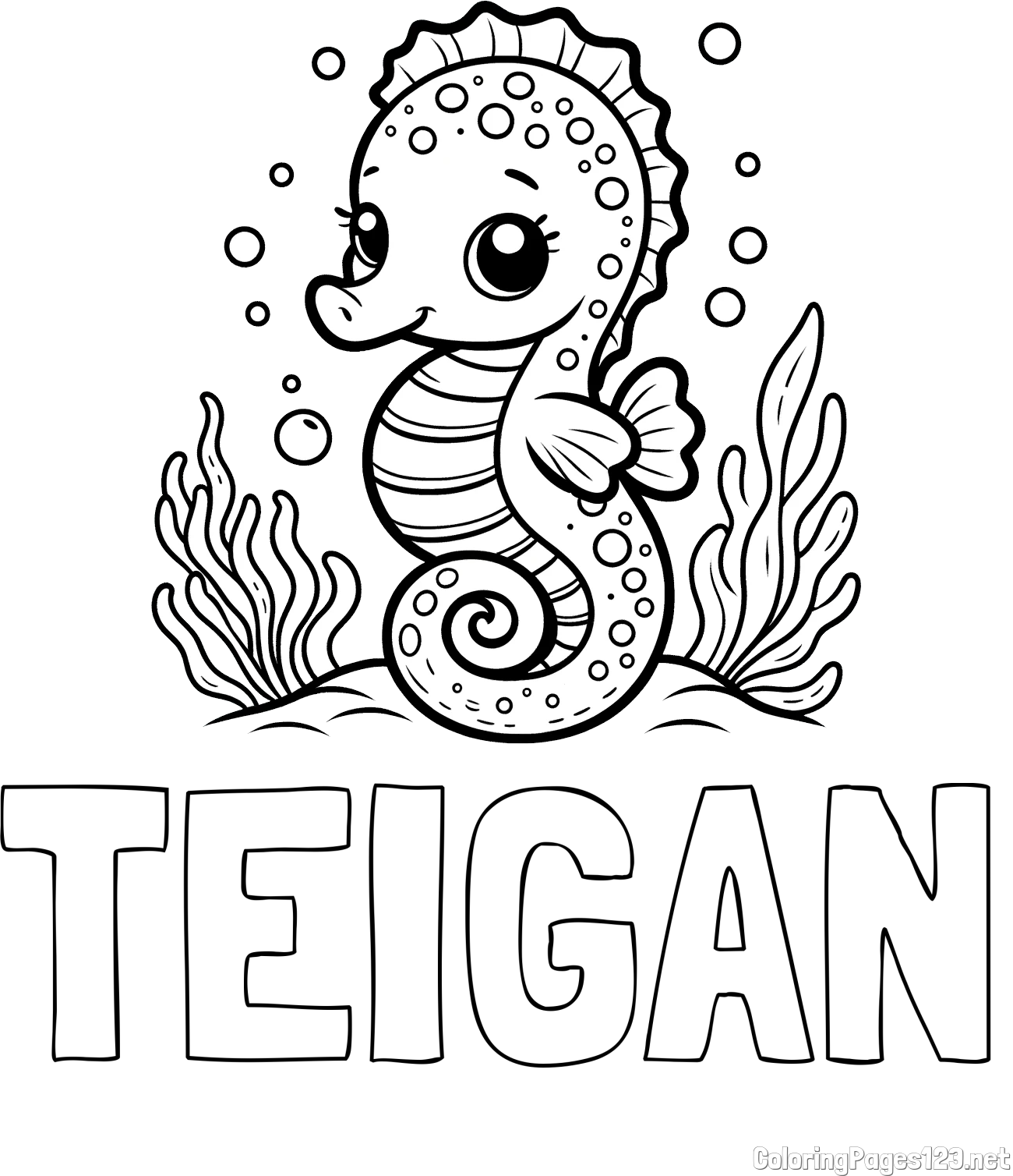 TEIGAN Coloring Page and Cute Seahorse Coloring Page