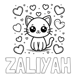 Online Created Coloring Page - ZALIYAH Coloring Page and Free Coloring Page of a Cat and Hearts