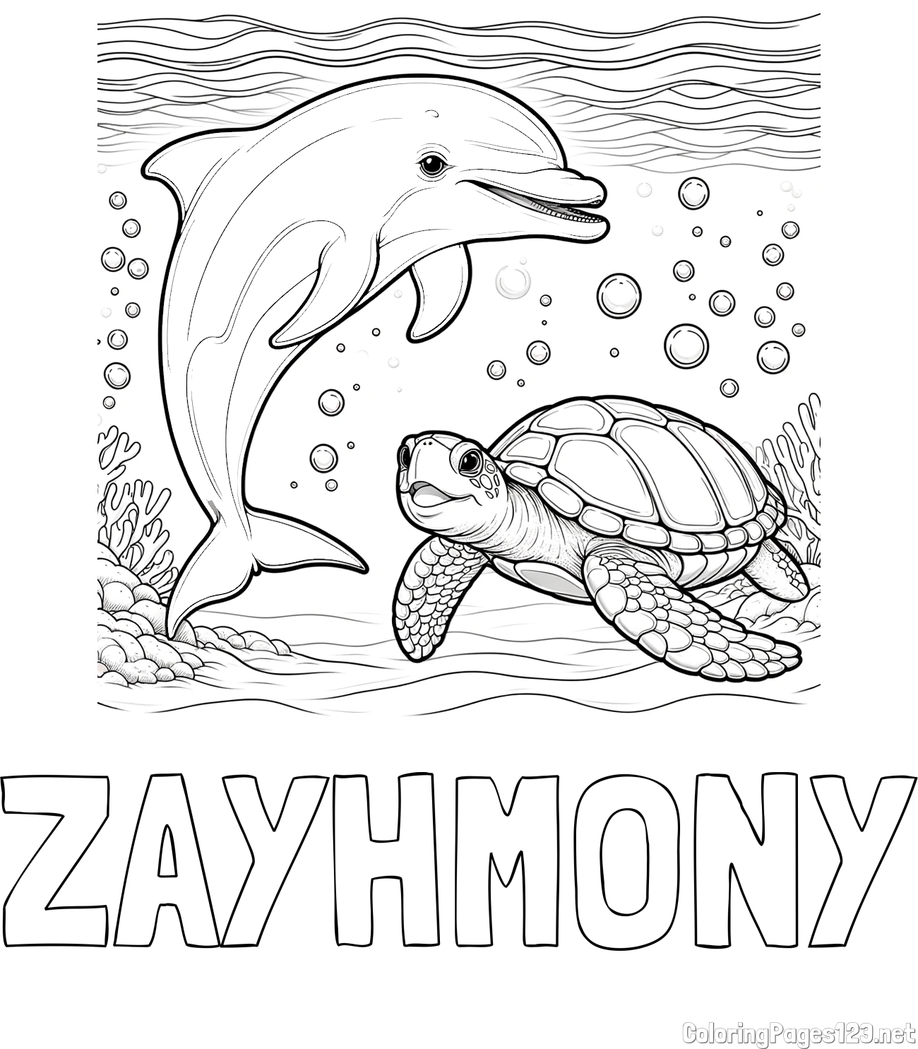 ZAYHMONY Coloring Page and Coloring Book of a Cute Dolphin and Its Turtle Friend"
