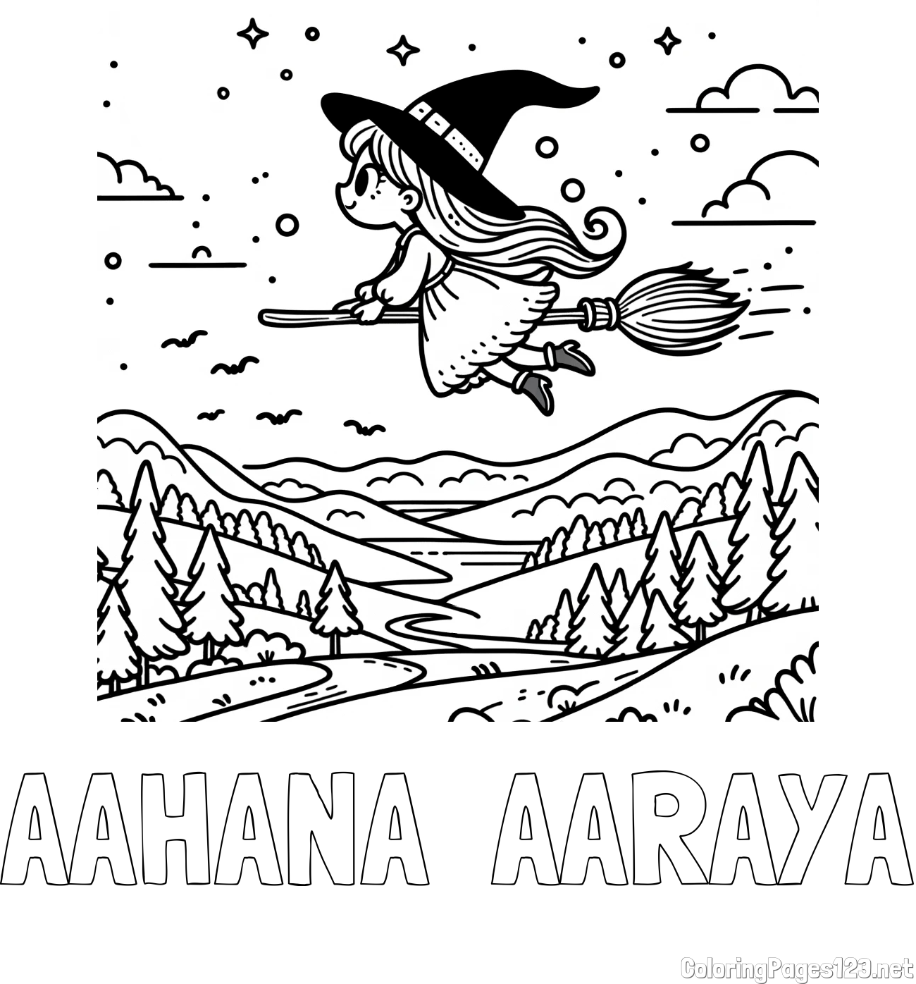 AAHANA  AARAYA Coloring Page and Coloring Book of a Witch Flying on a Broom