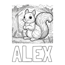 ALEX Coloring Page and Coloring Page of a Squirrel in a Forest