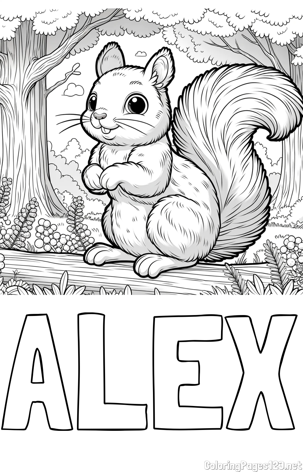 ALEX Coloring Page and Coloring Page of a Squirrel in a Forest