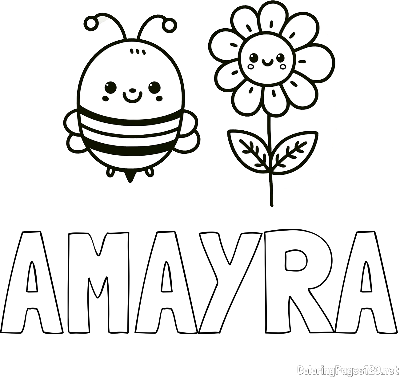 AMAYRA Coloring Page and Coloring Page of a Cute Bee and Smiling Flowers