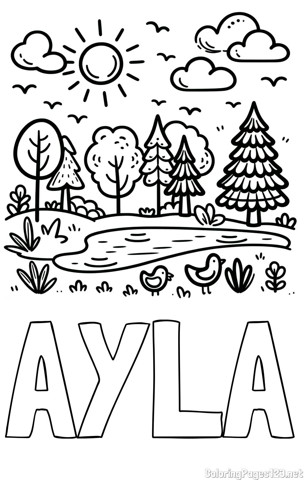 AYLA Coloring Page and Summer Coloring Page - Pond, Ducks and Forest