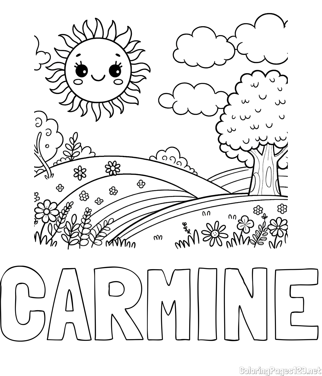 CARMINE Coloring Page and Sunny Nature Coloring Page