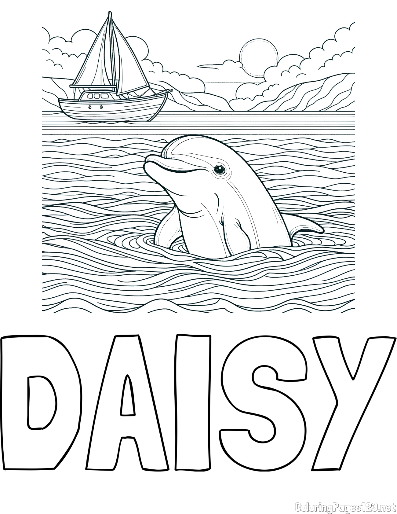 DAISY Coloring Page and Coloring Page of a Dolphin in the Sea and a Sailboat