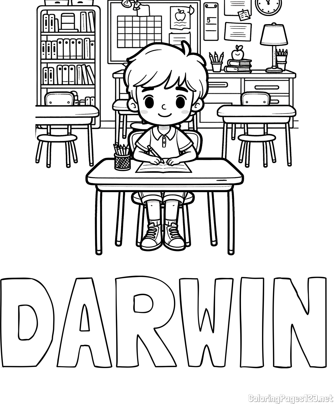 DARWIN Coloring Page and Cute Student in Class Coloring Page