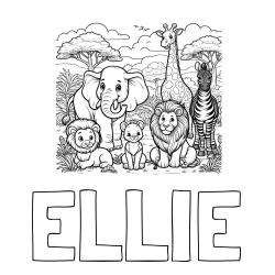 Online Created Coloring Page - ELLIE Coloring Page and Beautiful Animal Coloring Page - Lion Family, Elephant, Giraffe, and Zebra