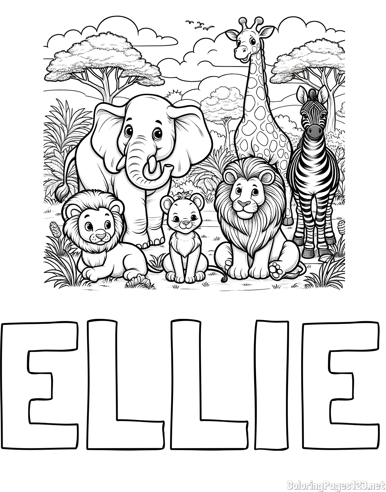 ELLIE Coloring Page and Beautiful Animal Coloring Page - Lion Family, Elephant, Giraffe, and Zebra