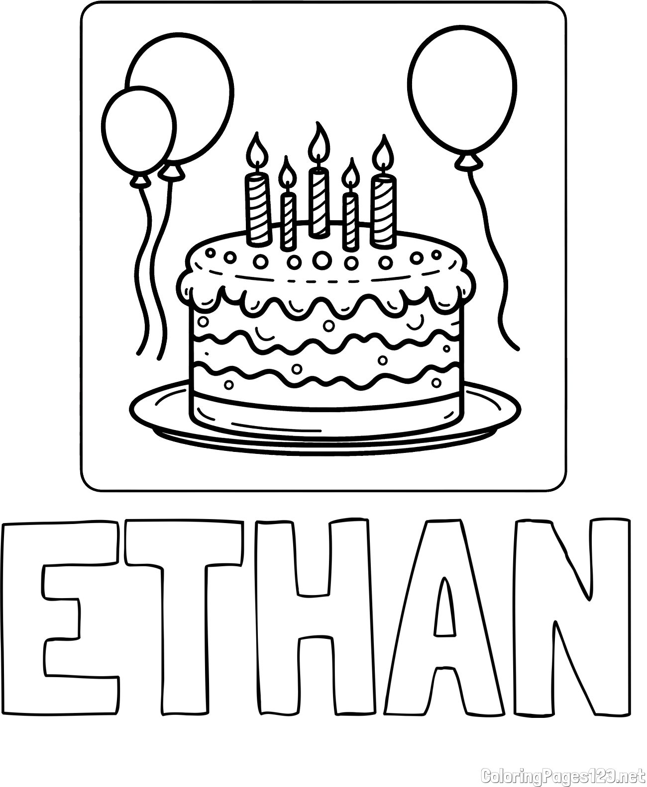 ETHAN Coloring Page and 5th Birthday Cake Coloring Page