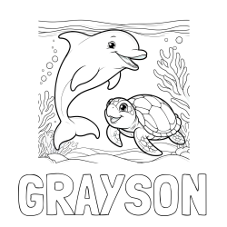 Online Created Coloring Page - GRAYSON Coloring Page and Coloring Book of a Cute Dolphin with a Turtle in the Sea