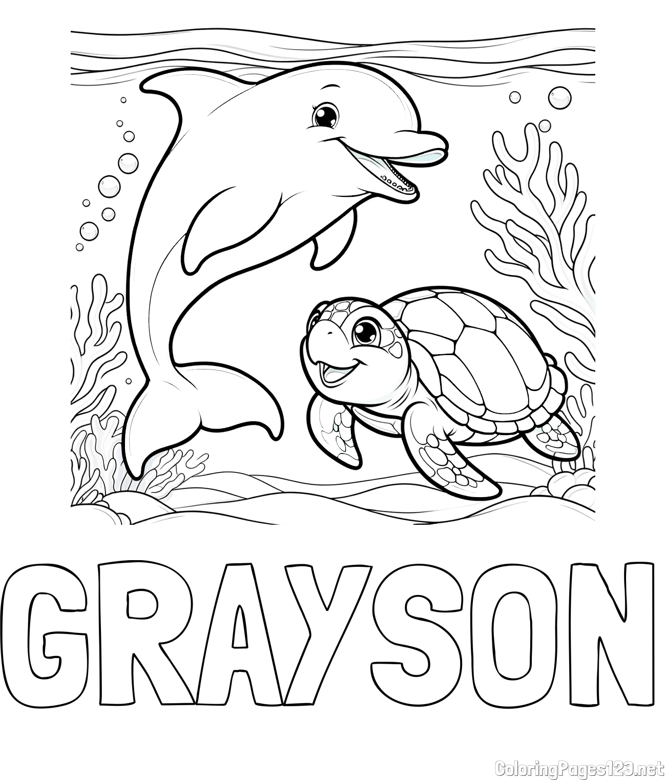GRAYSON Coloring Page and Coloring Book of a Cute Dolphin with a Turtle in the Sea