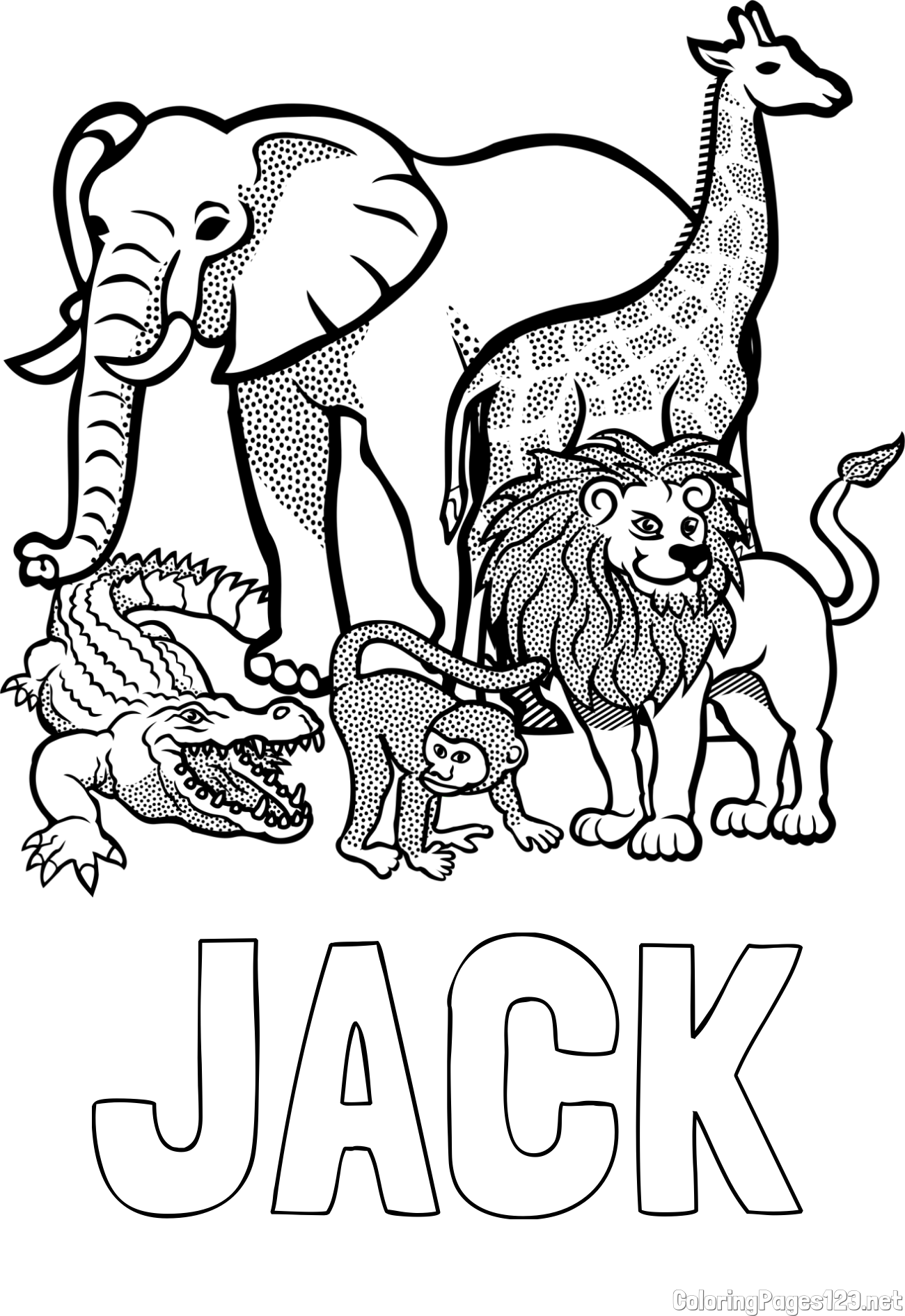 JACK Coloring Page and Zoo Animals Coloring Page - Elephant, Tiger, Monkey, and Crocodile