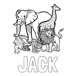 Online Created Coloring Page - JACK Coloring Page and Zoo Animals Coloring Page - Elephant, Tiger, Monkey, and Crocodile
