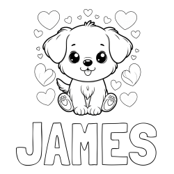 Online Created Coloring Page - JAMES Coloring Page and Coloring Page of a Cute Dog and Hearts