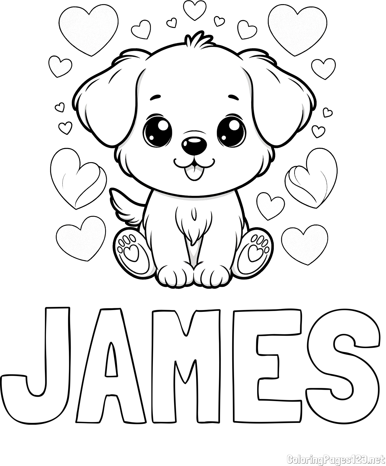 JAMES Coloring Page and Coloring Page of a Cute Dog and Hearts