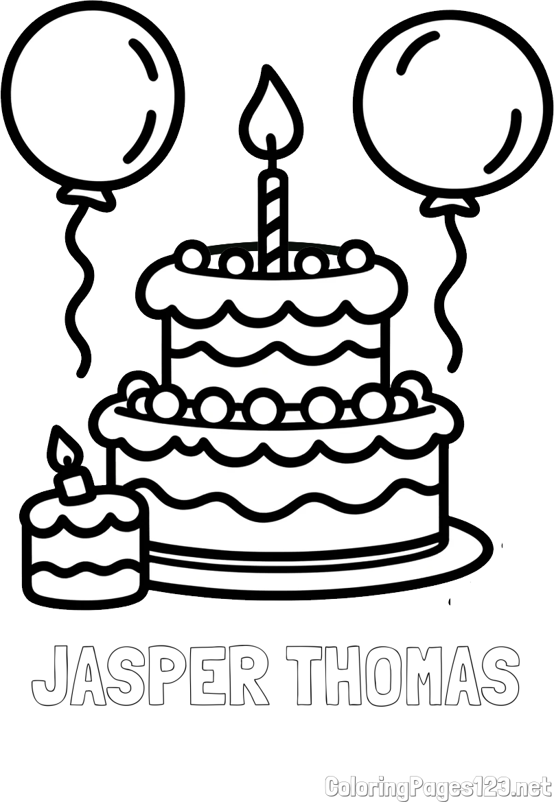 JASPER THOMAS Coloring Page and Birthday Cake Coloring Page with Balloons