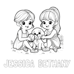 JESSICA  BETHANY Coloring Page and Coloring Page of Two Girls with a Dog