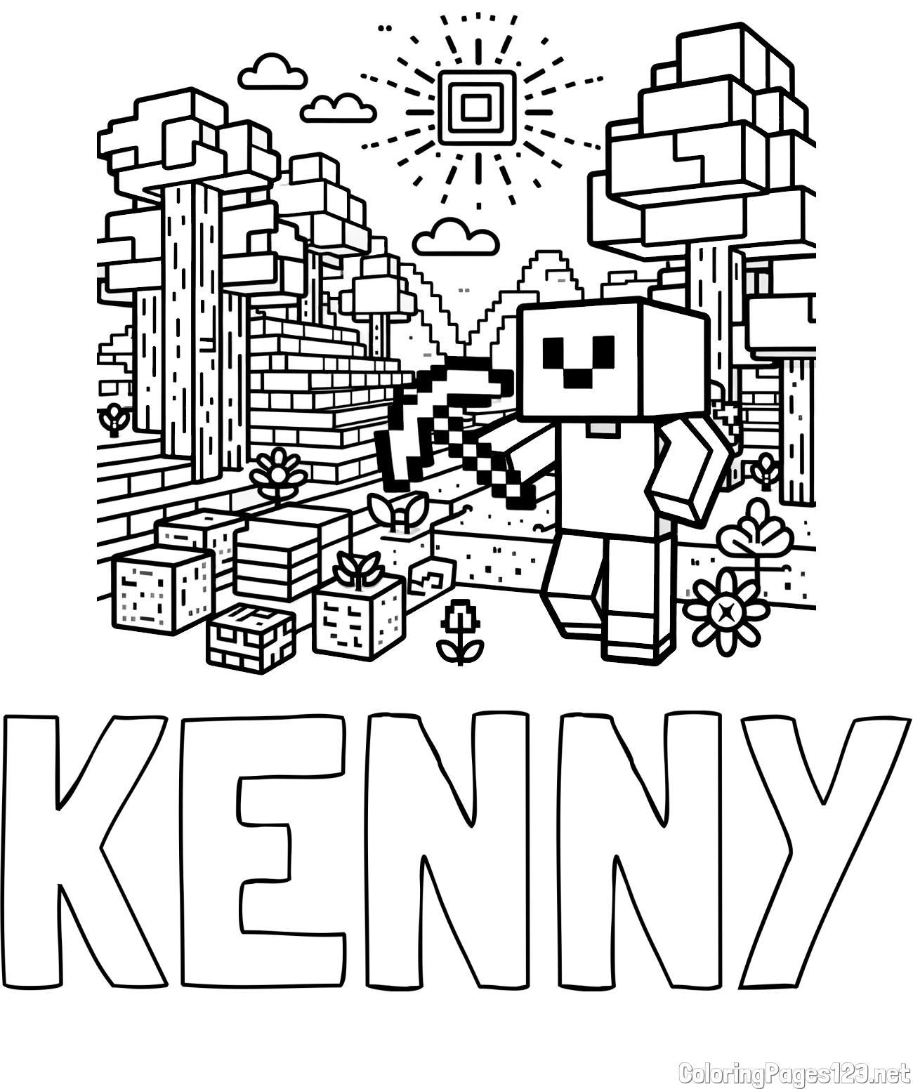 KENNY Coloring Page and Minecraft World Coloring Page