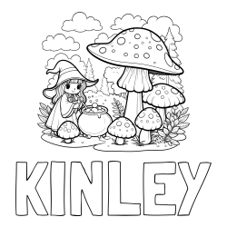 Online Created Coloring Page - KINLEY Coloring Page and Coloring Page of a Cute Witch, Mushrooms, and a Forest