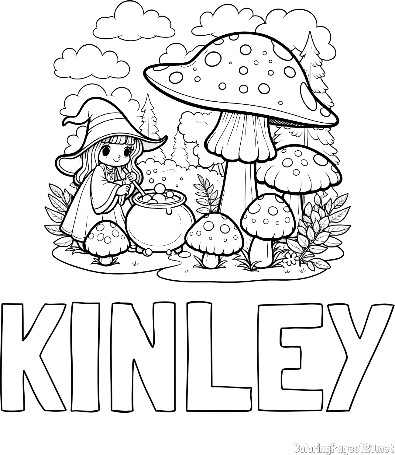 KINLEY Coloring Page and Coloring Page of a Cute Witch, Mushrooms, and a Forest