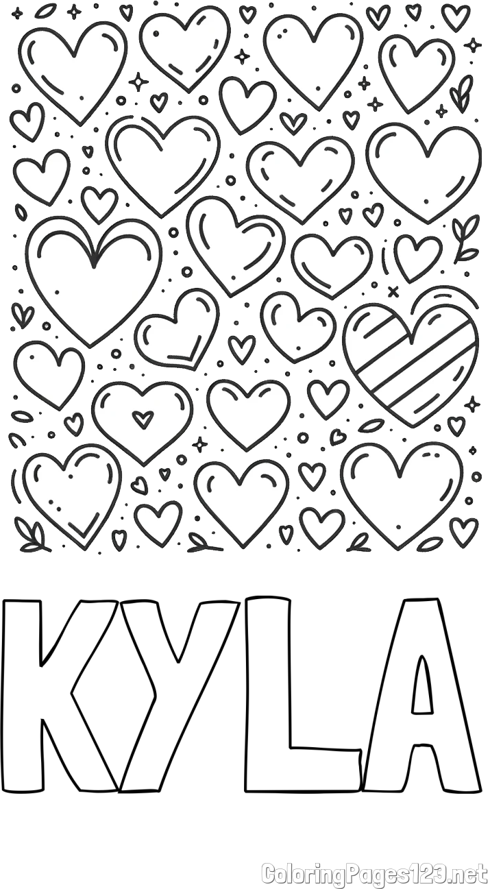 KYLA Coloring Page and Children's Coloring Page of Many Hearts