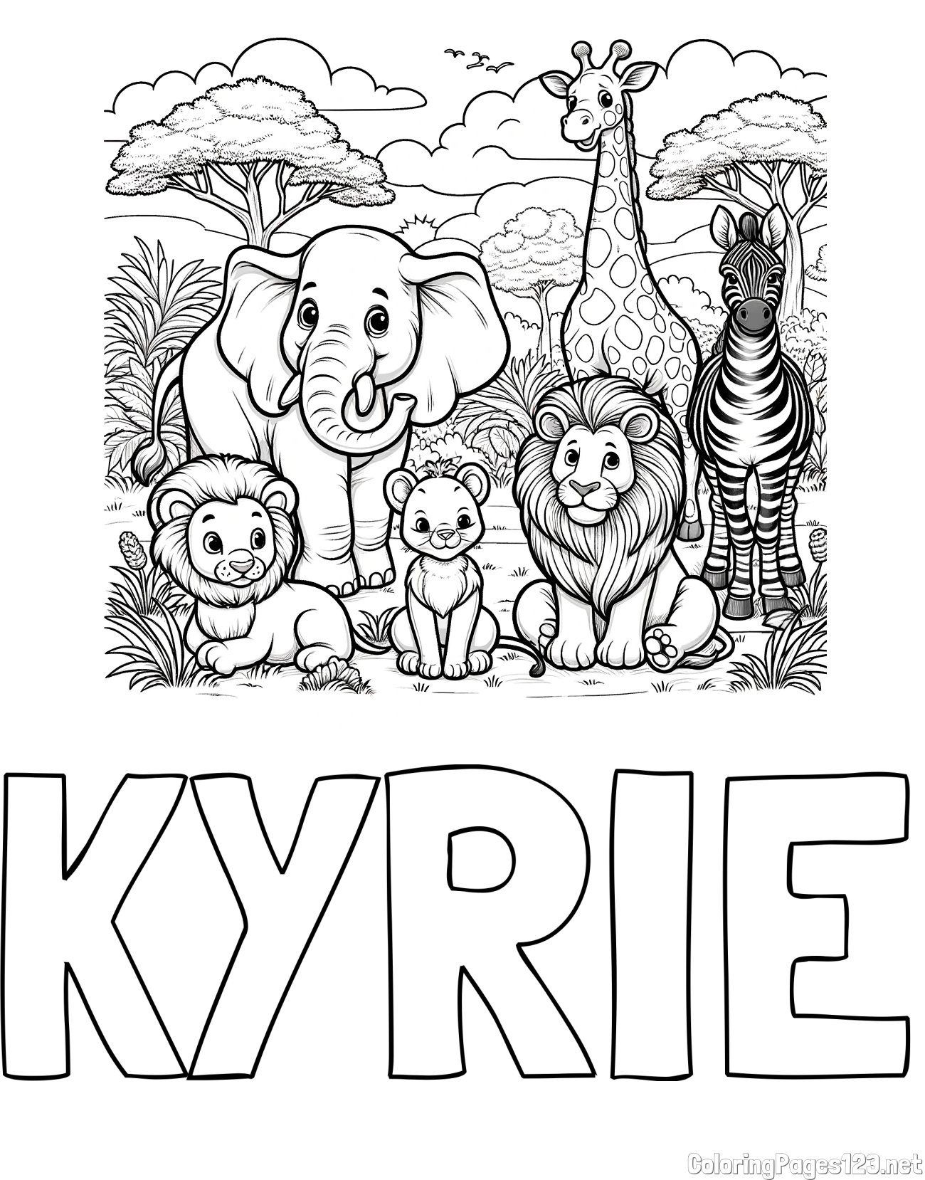 KYRIE Coloring Page and Beautiful Animal Coloring Page - Lion Family, Elephant, Giraffe, and Zebra