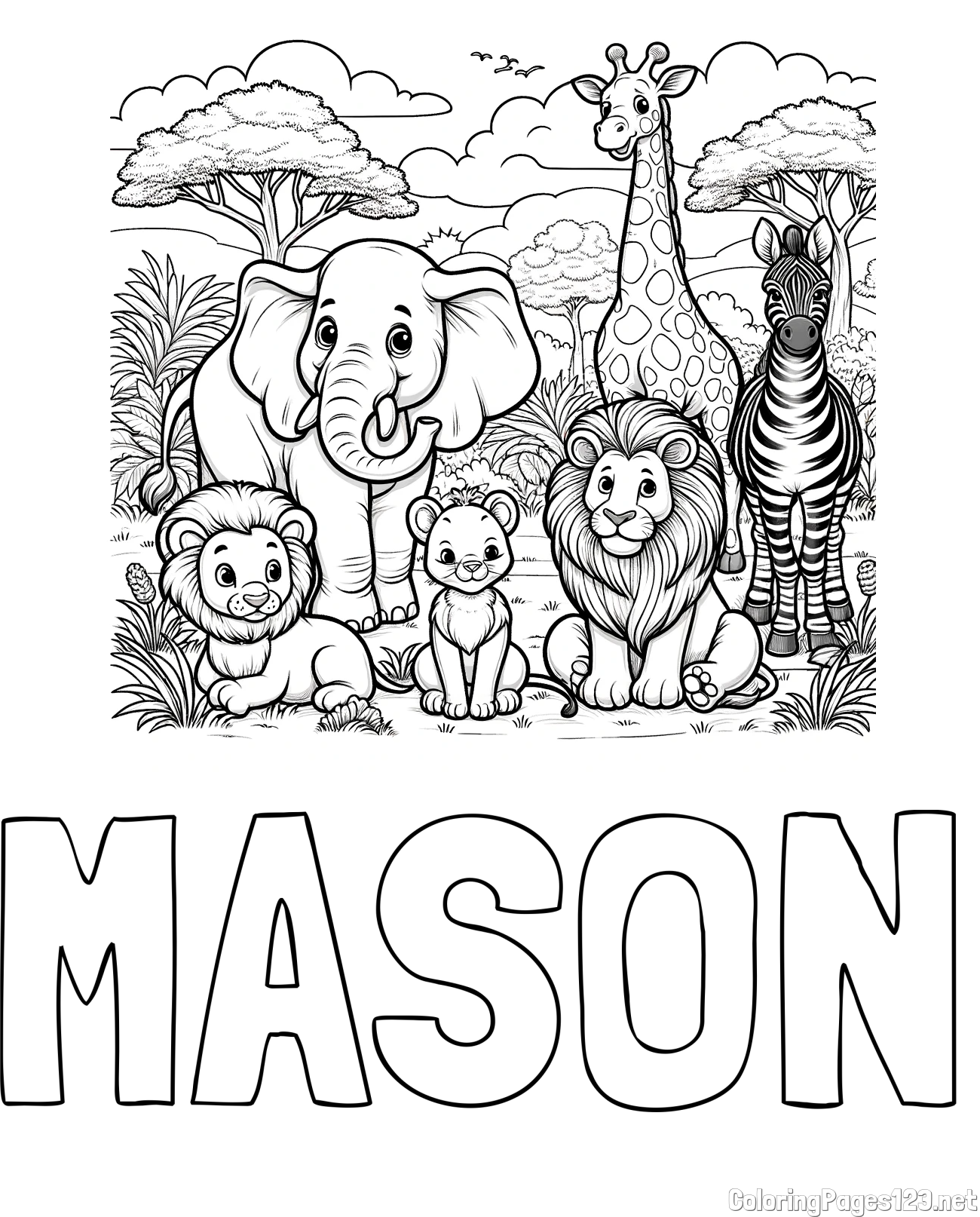 MASON Coloring Page and Beautiful Animal Coloring Page - Lion Family, Elephant, Giraffe, and Zebra