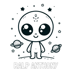 Online Created Coloring Page - RALP ANTHONY Coloring Page and Cute Alien Coloring Page - Smiling with Planets and Stars