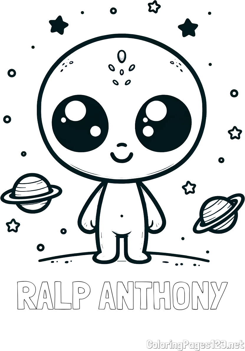 RALP ANTHONY Coloring Page and Cute Alien Coloring Page - Smiling with Planets and Stars