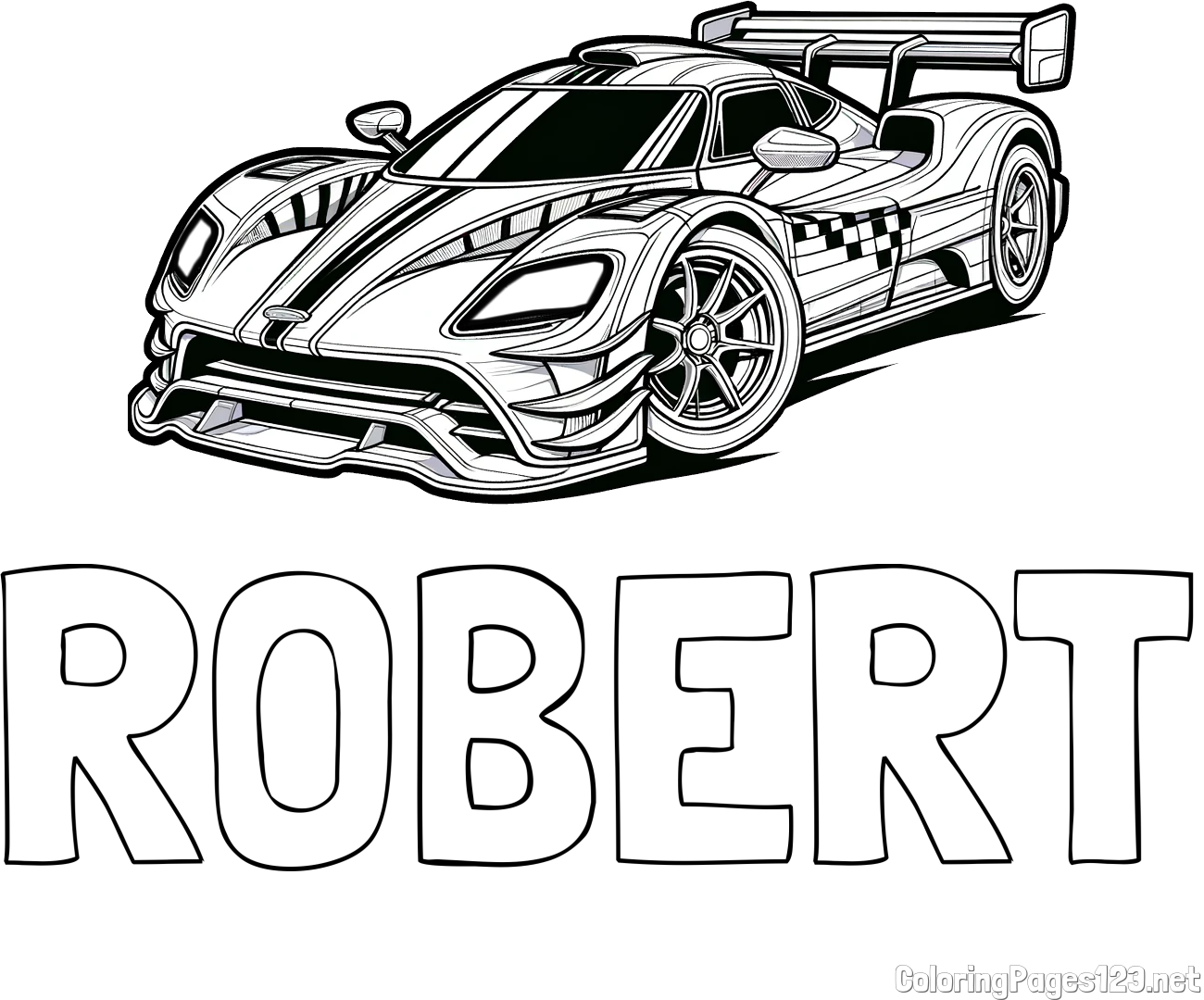 ROBERT Coloring Page and Coloring Page of a Futuristic Racing Car