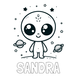 Online Created Coloring Page - SANDRA Coloring Page and Cute Alien Coloring Page - Smiling with Planets and Stars
