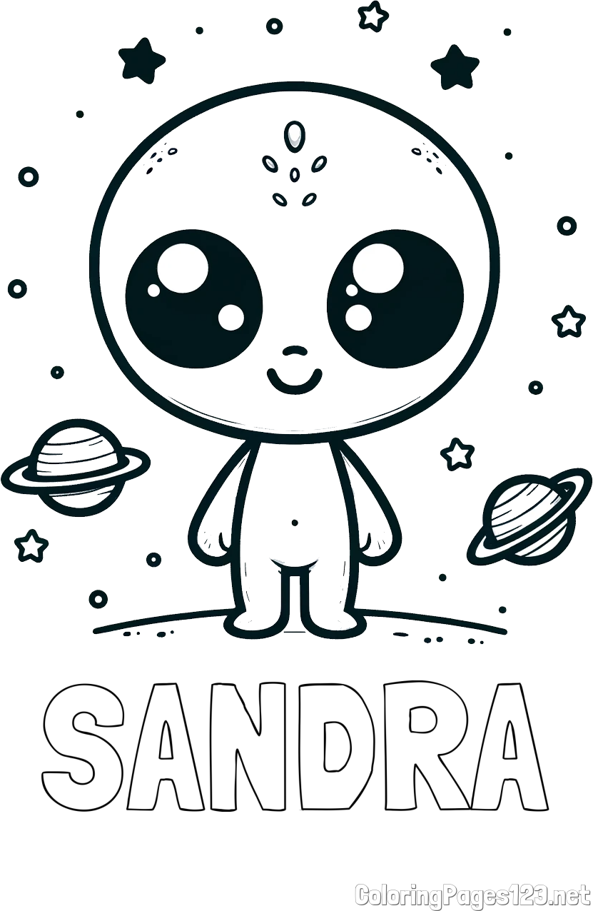 SANDRA Coloring Page and Cute Alien Coloring Page - Smiling with Planets and Stars