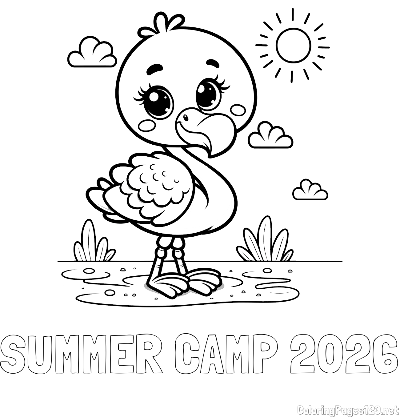 SUMMER CAMP 2026 Coloring Page and Easy Coloring Page of a Cute Flamingo