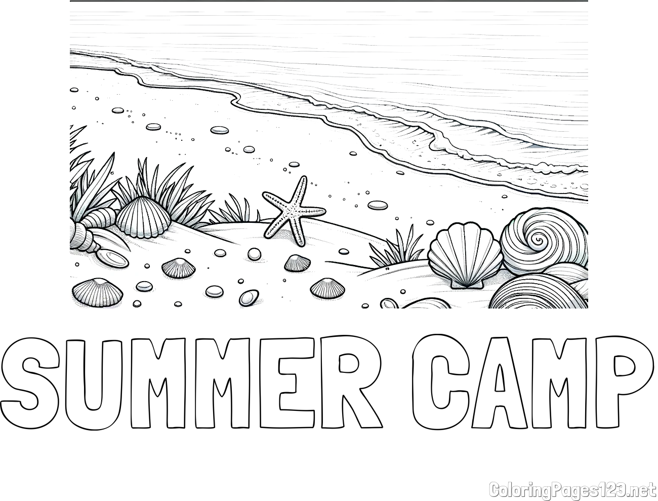 SUMMER CAMP Coloring Page and Beautiful Seashore Coloring Page