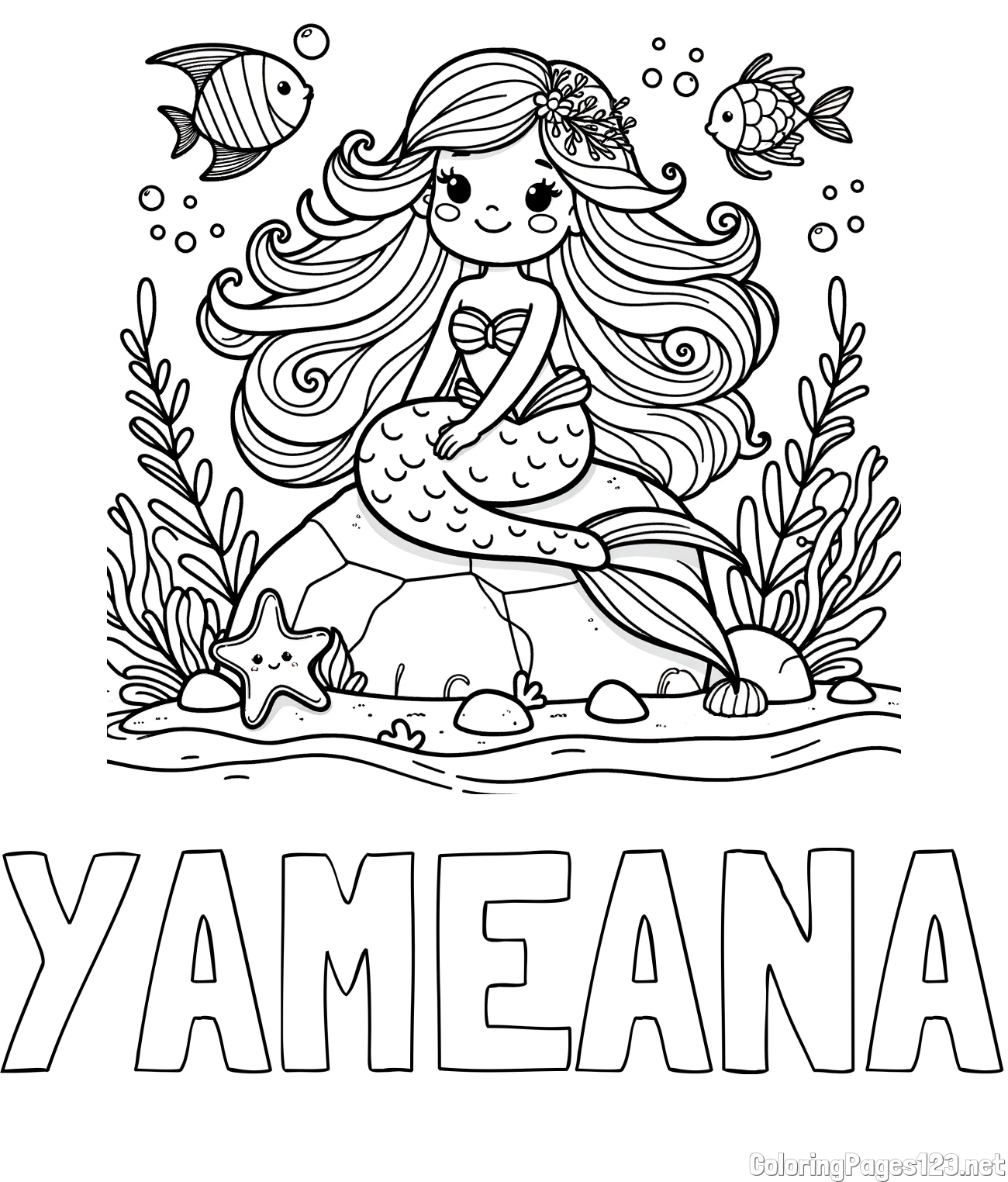 YAMEANA Coloring Page and Coloring Page of a Cute Little Mermaid