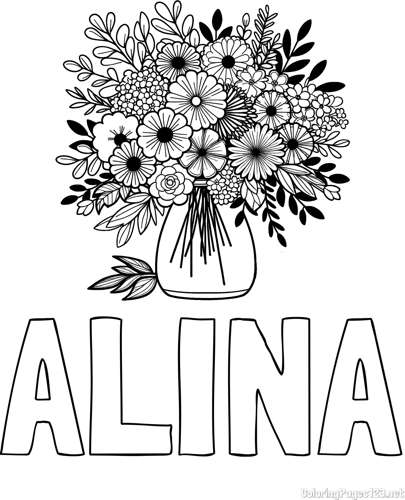 ALINA Coloring Page and Flower Bouquet Coloring Page