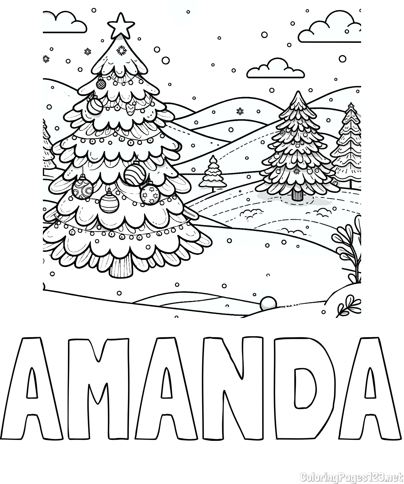 AMANDA Coloring Page and Coloring Page of a Snowy Landscape and a Christmas Tree