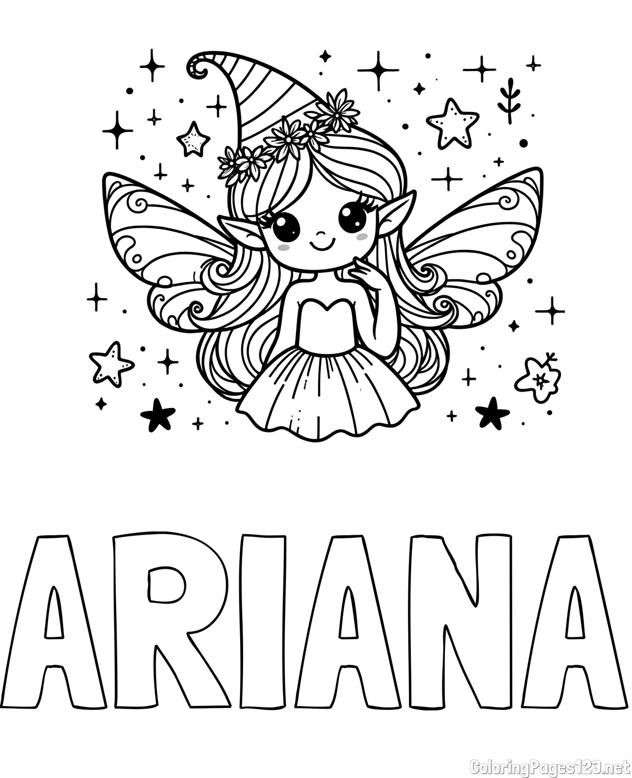 ARIANA Coloring Page and Coloring Page of a Cute and Smiling Magical Fairy